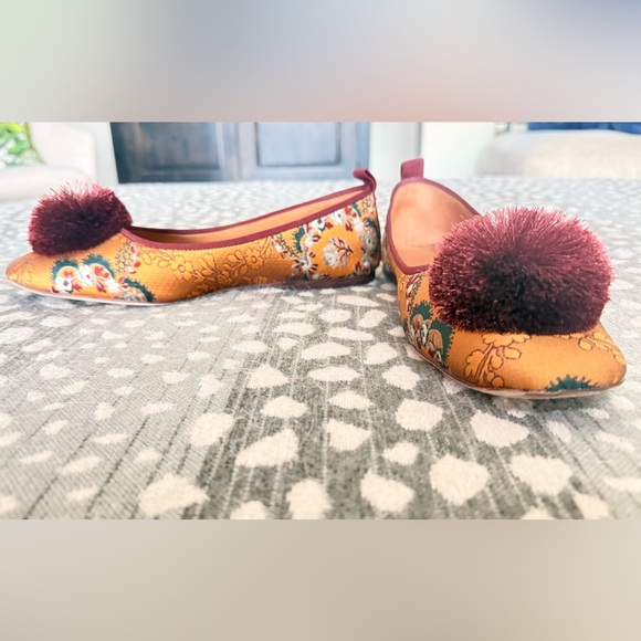 Tory Burch Satin Floral Flats with Burgundy and Gold with Pom - Picture 6 of 9